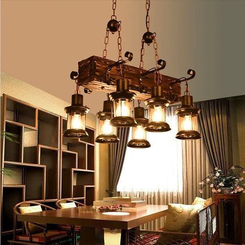 lustre vintage led en bois massif pour loft décoratif