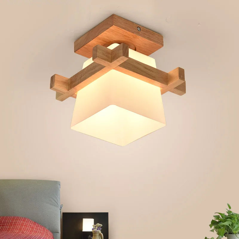 Japonais chaleureusement maison Cottage Tatami bois plafonnier Led avec abat-jour en verre couloir couloir balcon E27 plafonnier moderne