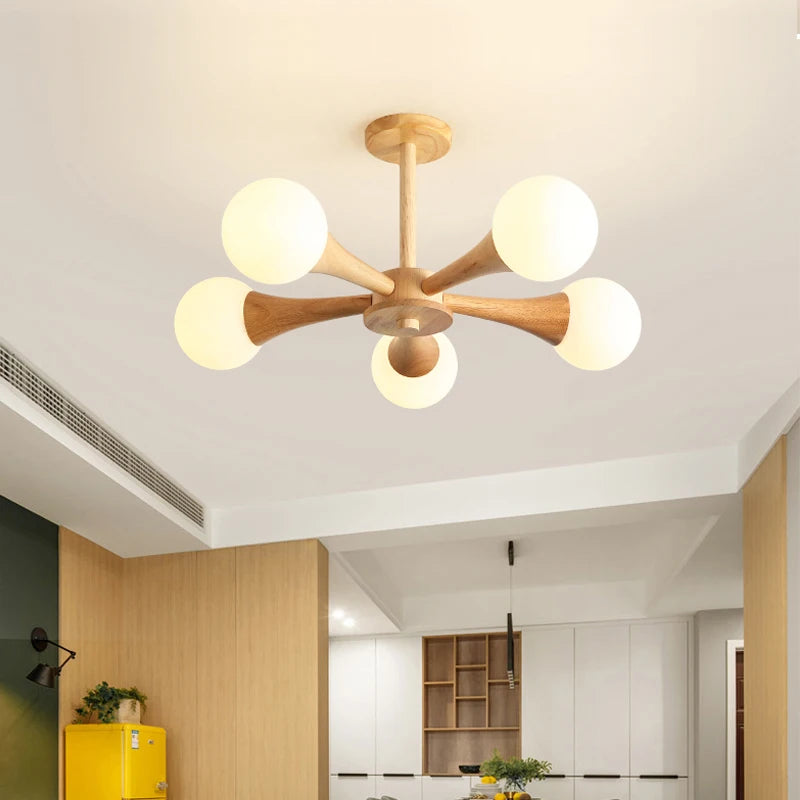 lustre moderne en bois avec abat-jour en verre