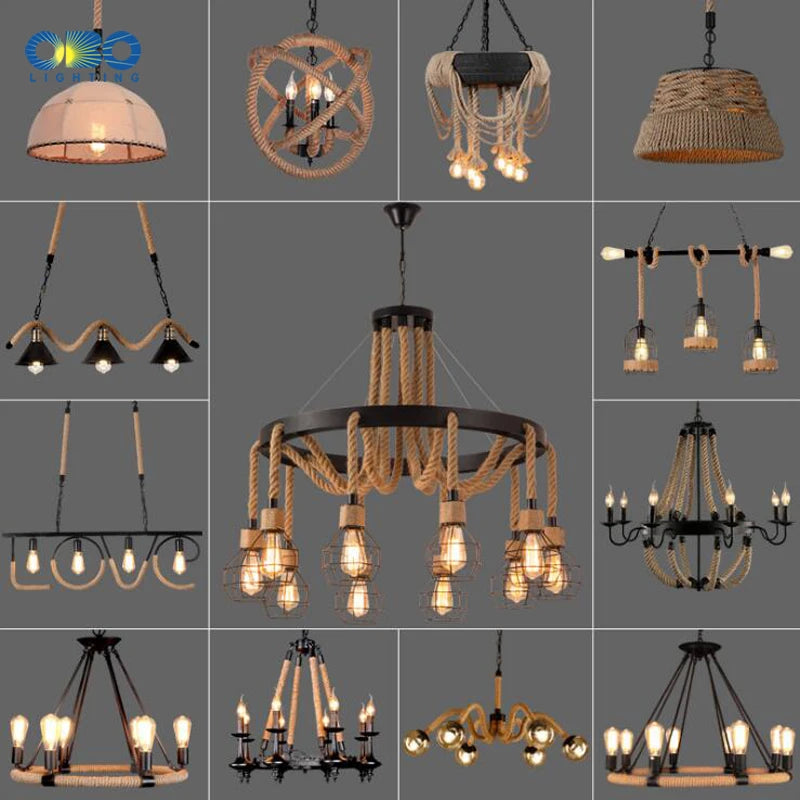 Lustre vintage en corde de chanvre avec abat-jour en fer pour bars et cafés