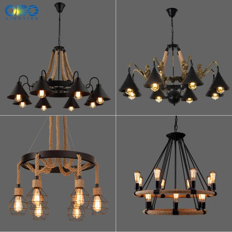 Lustre vintage en corde de chanvre avec abat-jour en fer pour bars et cafés