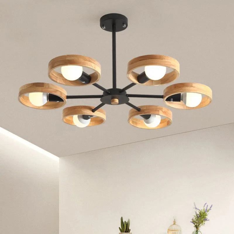 Lampe de lustre en bois nordique pour salon chambre salle à manger décor abat-jour en bois rond noir E27 Suspension