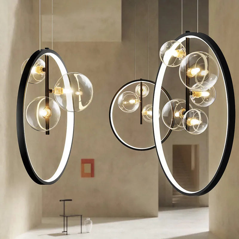 Lustre design rond avec boules en Verre clair à LED