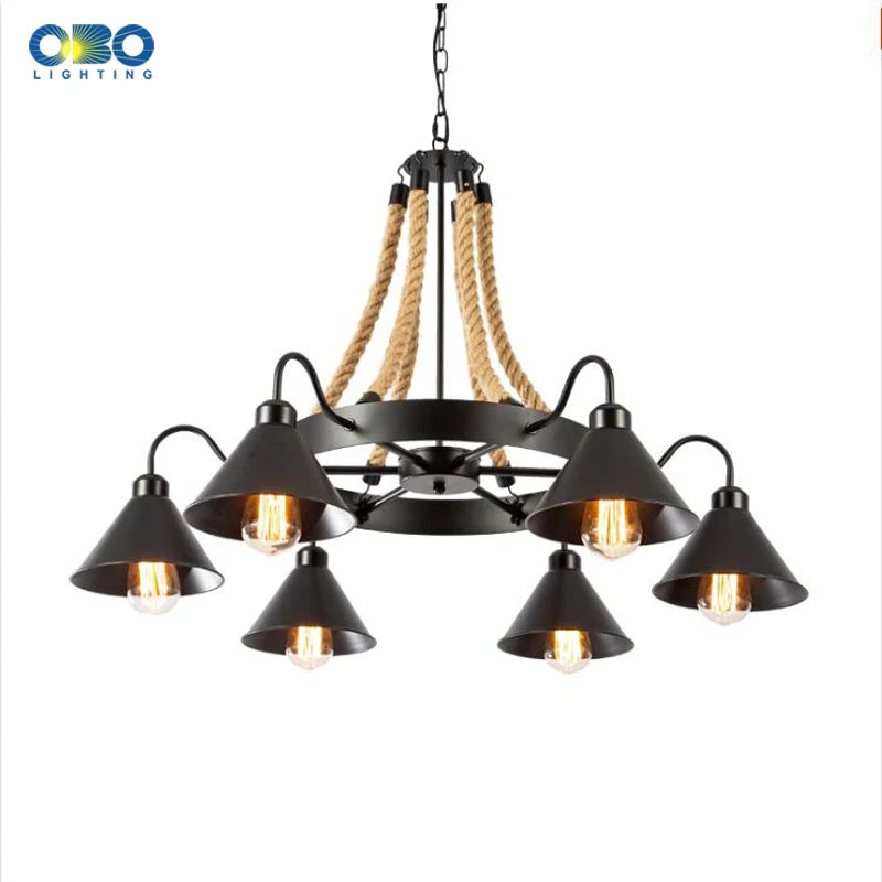 Lustre vintage en corde de chanvre avec abat-jour en fer pour bars et cafés