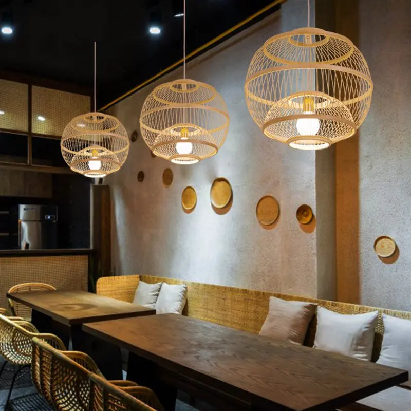 suspension vintage en bambou tressé led pour hôtel et restaurant
