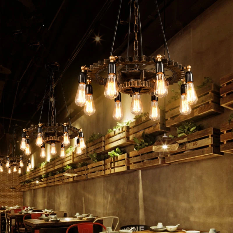 lustre industriel rétro créatif 9 têtes en bois pour loft restaurant café