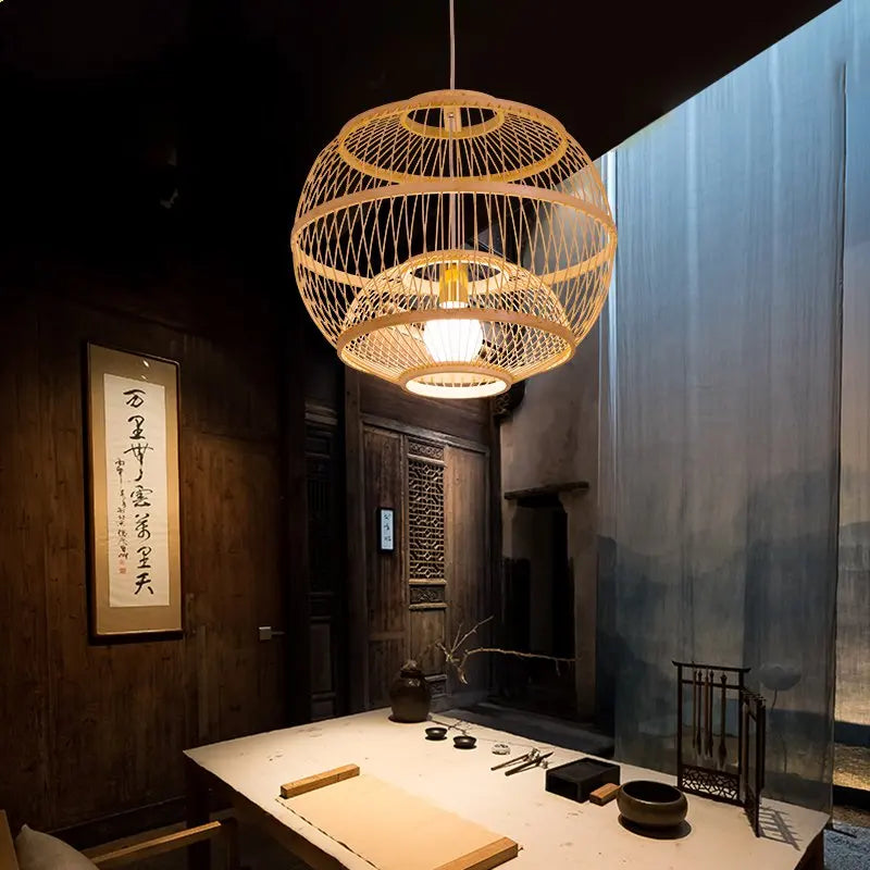 suspension vintage en bambou tressé led pour hôtel et restaurant