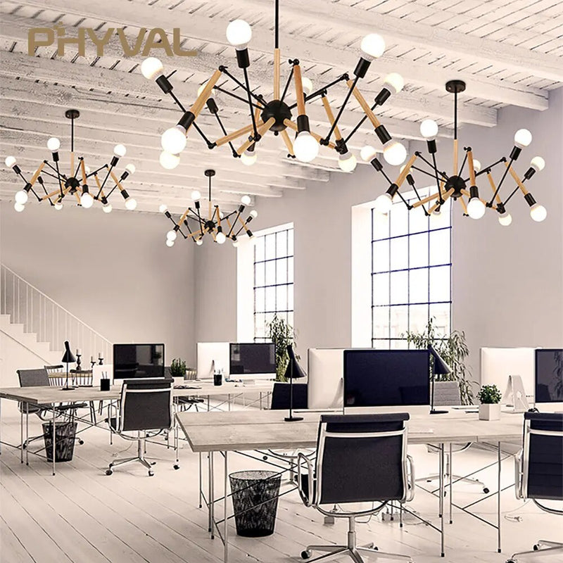 Lustre bois nordique salon maison noir blanc