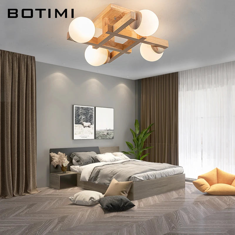 Plafonniers en bois avec abat-jour en verre pour salon moderne monté en Surface Lustres en bois carrés chambre à coucher Luminaire