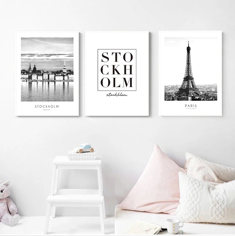 affiches modernes de paysages urbains en noir et blanc