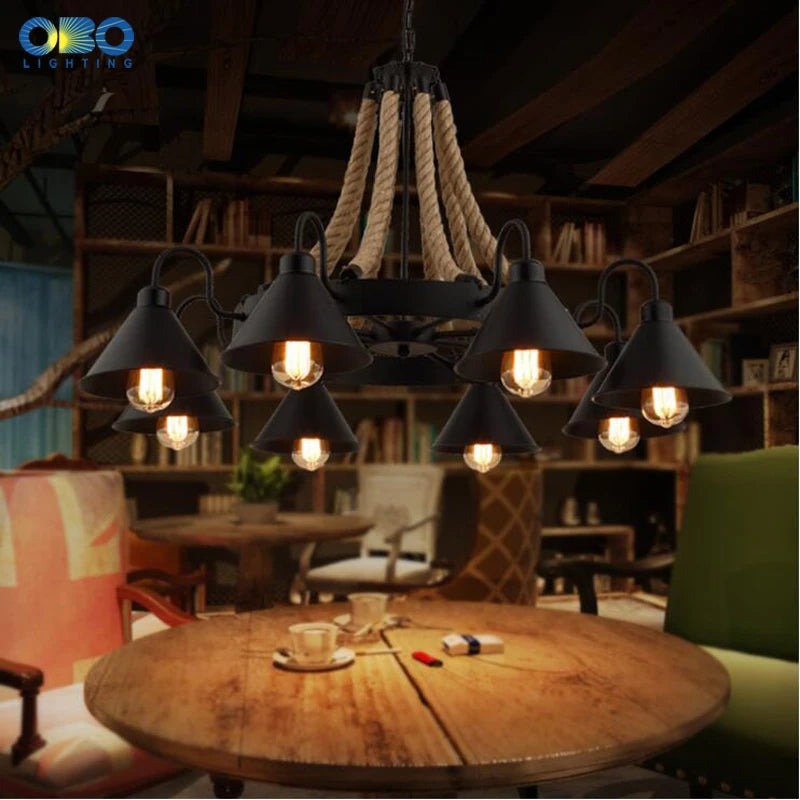 Lustre vintage en corde de chanvre avec abat-jour en fer pour bars et cafés