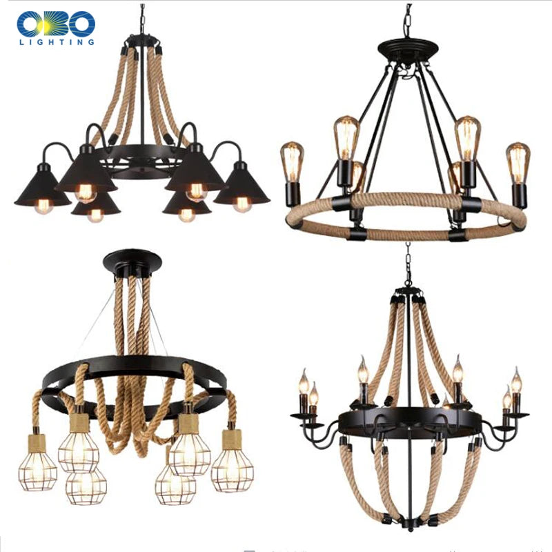 Lustre vintage en corde de chanvre avec abat-jour en fer pour bars et cafés