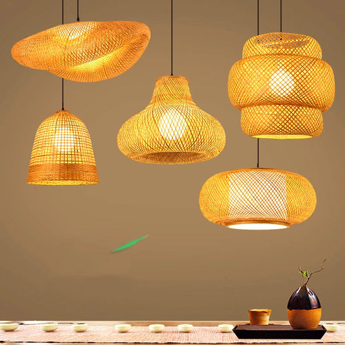 Suspension LED en rotin fait à la main rond chapeau de paille en bambou pastorale Vintage