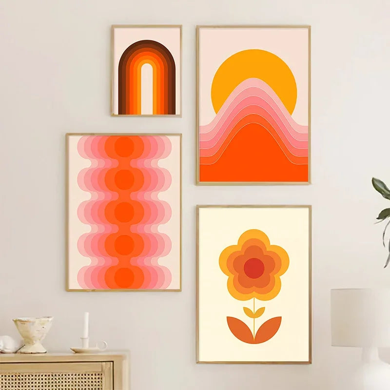impressions d'art rétro avec coucher de soleil et motifs bohèmes