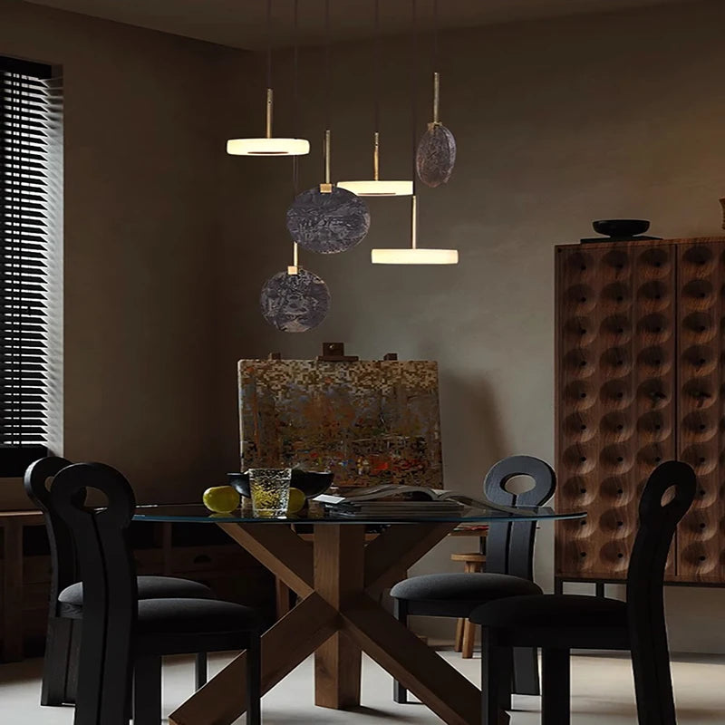 lustre suspendu en bois naturel ou marbre doré avec éclairage led