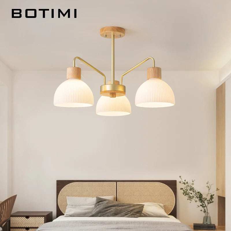 lustre botimi en bois avec abat-jour en verre 3 lumières 5 leds incluses