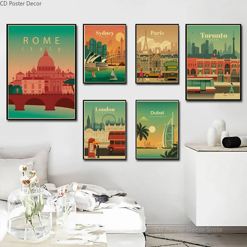 affiche vintage des monuments des villes du monde