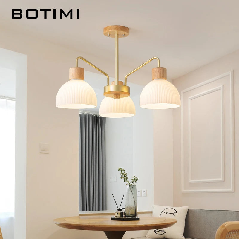 lustre botimi en bois avec abat-jour en verre 3 lumières 5 leds incluses