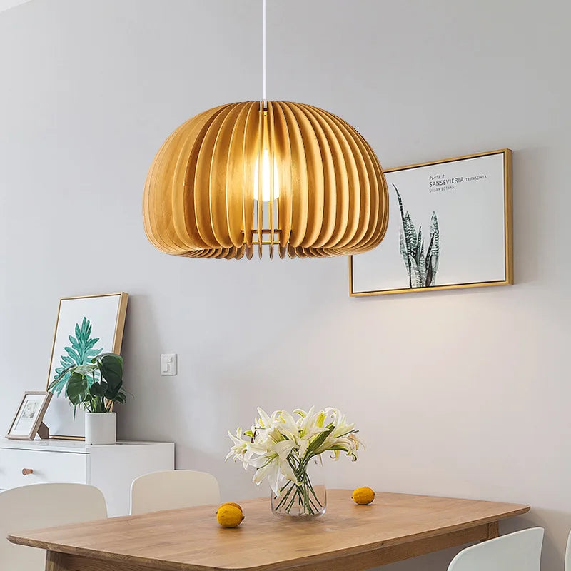 suspension lustre citrouille en bois naturel nordique éclairage