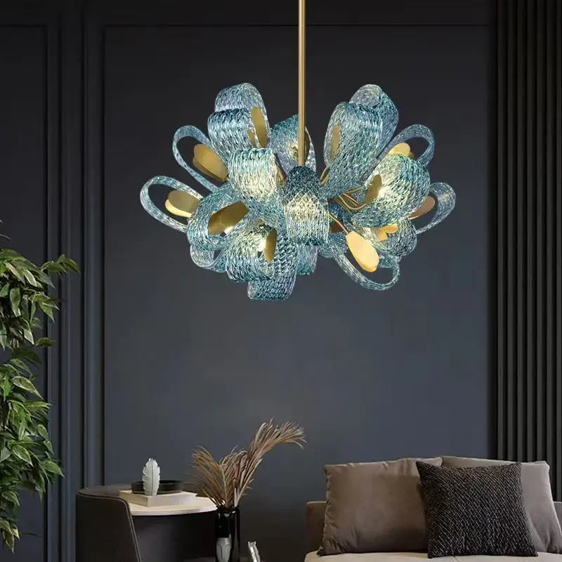 lustre moderne en verre design feuille de paon led suspendu