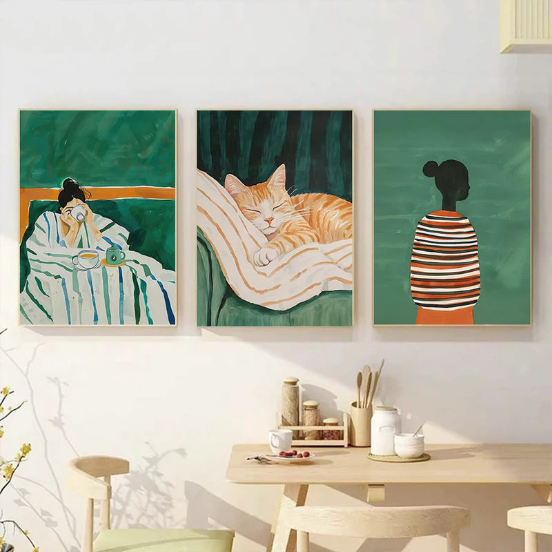 art mural abstrait femme chat pour décoration intérieure