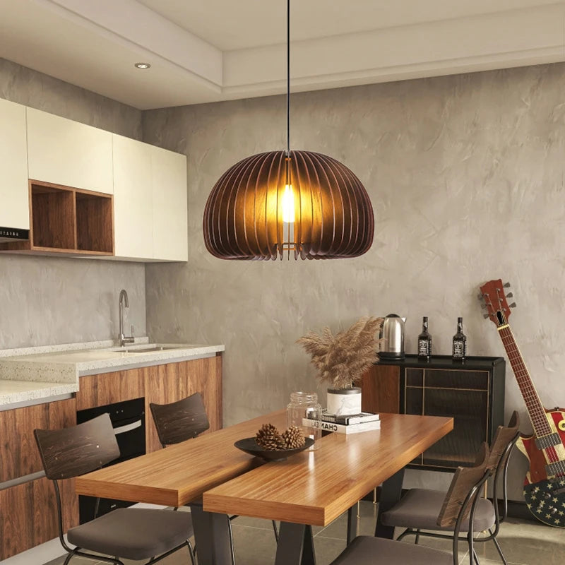 suspension lustre citrouille en bois naturel nordique éclairage