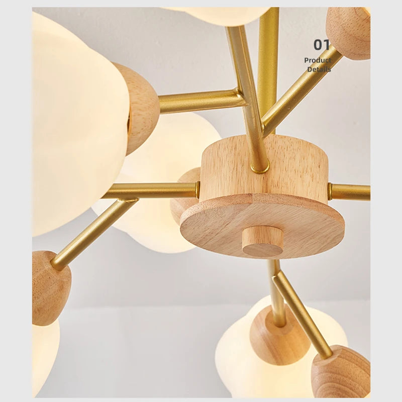 lustre nordique en bois avec lumière en forme de fleur