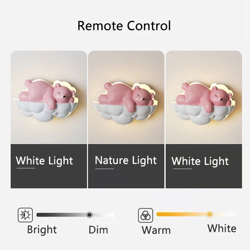 Ours polaire lumière dessin animé enfants appliques murales pour chevet télécommande gradation chambre lampe de nuit pour chambre d'enfant princesse