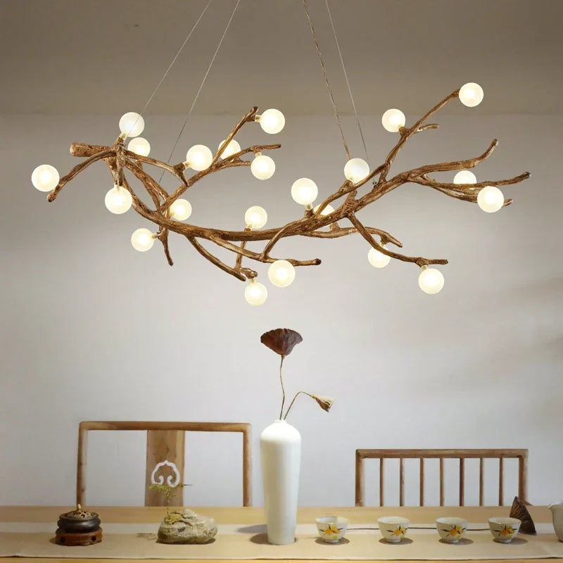 lustre vintage en résine avec branches d'arbre led