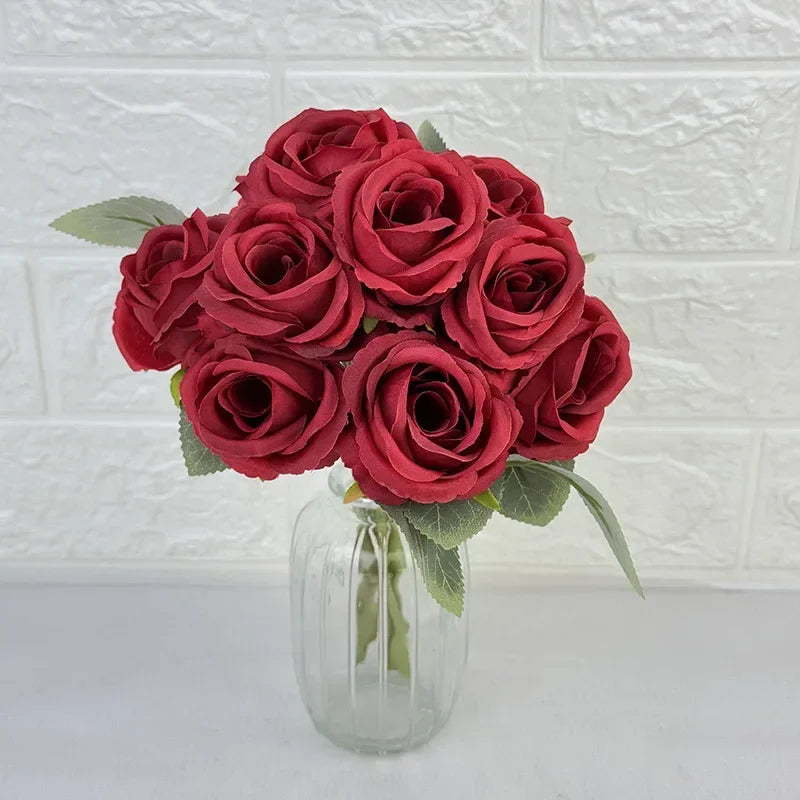 bouquet de 10 roses artificielles en soie décoratives pour événements