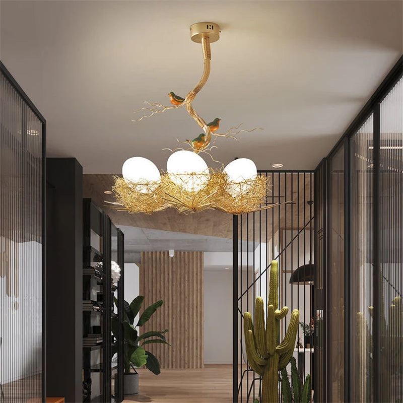 lustre moderne led en forme de nid d'oiseau en verre
