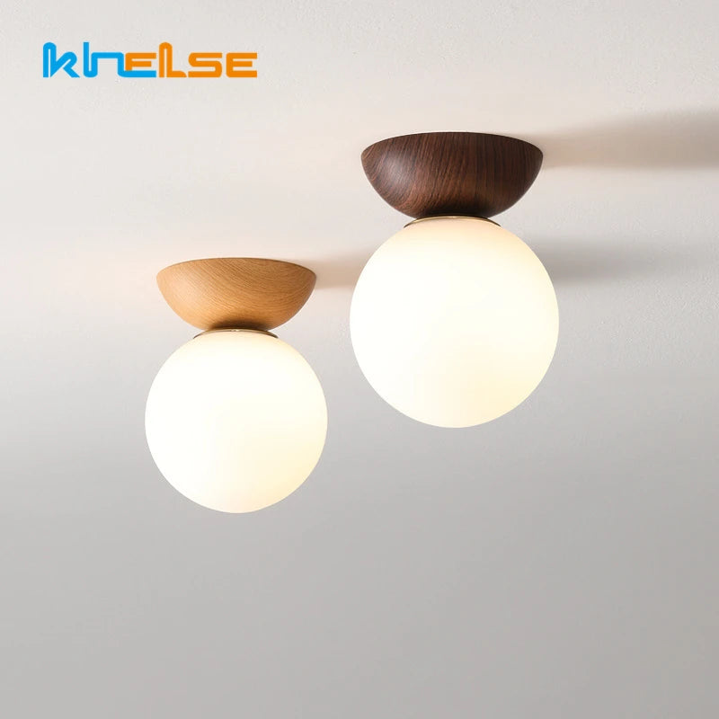 plafonnier led noyer nordique grain de bois boule ronde abat-jour en verre