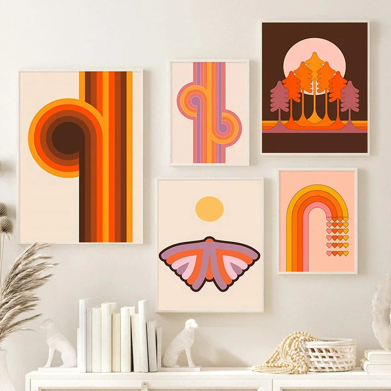impressions d'art rétro avec coucher de soleil et motifs bohèmes