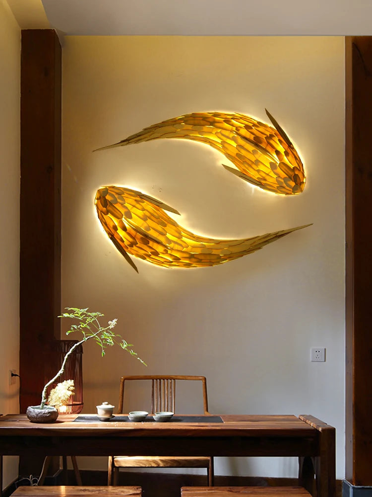 applique murale led bambou design nordique tissée main forme poisson