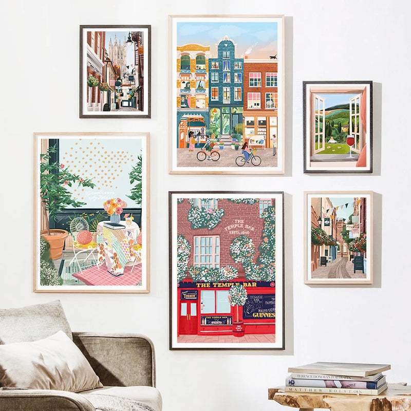 aquarelle ville côtière vue commerciale art mural décor nordique