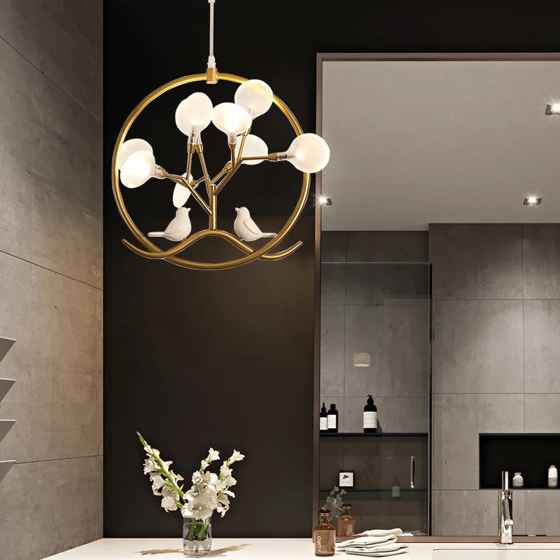 lustre design nordique cage à oiseaux branche d'arbre halo