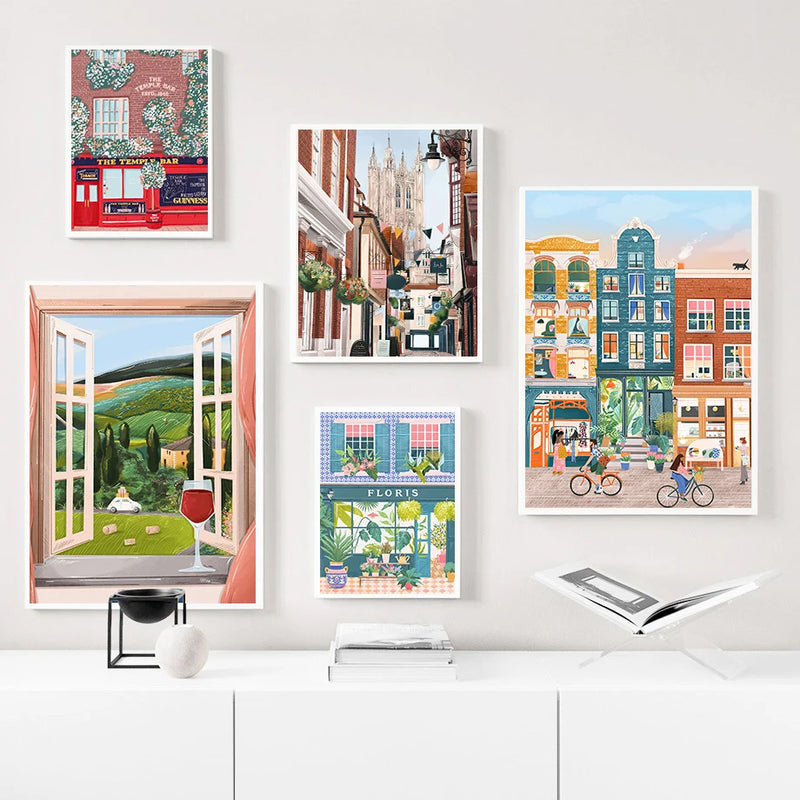 aquarelle ville côtière vue commerciale art mural décor nordique