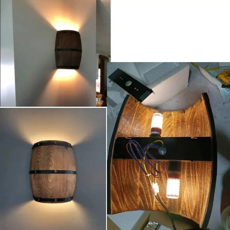 Appliques murales rétro en forme de tonneau en bois