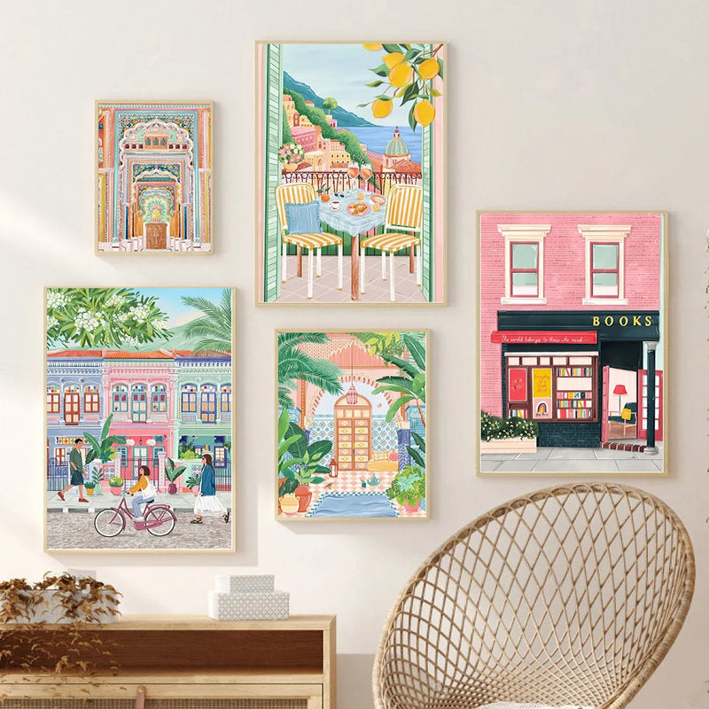 art mural rétro de ville côtière avec navire décoratif