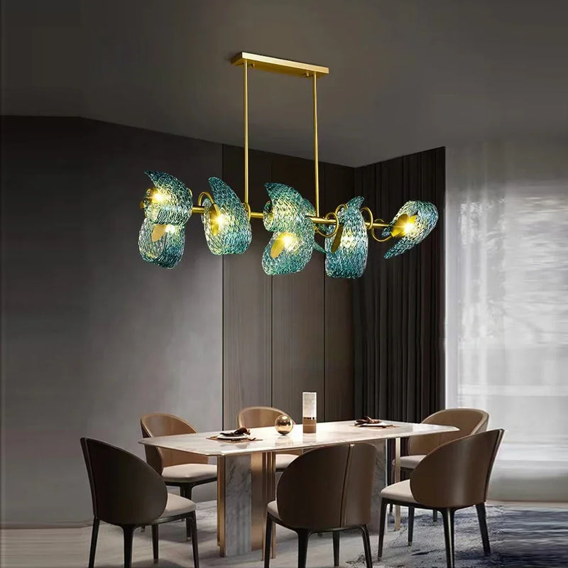 lustre moderne en verre design feuille de paon led suspendu