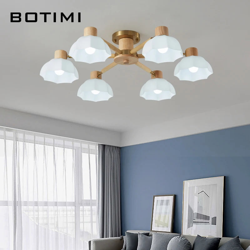 Plafonniers nordiques en bois de caoutchouc avec lampadaires en verre pour salon moderne blanc chaud lumière froide Lustres chambre lampara