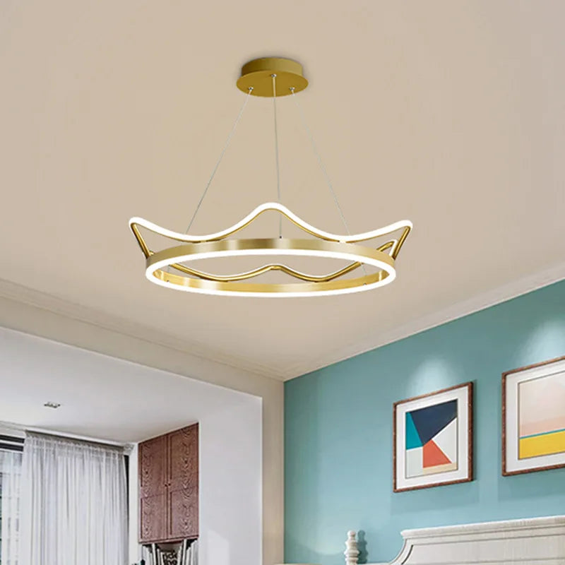 Nordique moderne LED or rose en acier inoxydable suspension bande couronne forme anneau lustre bébé enfants chambre plafonnier