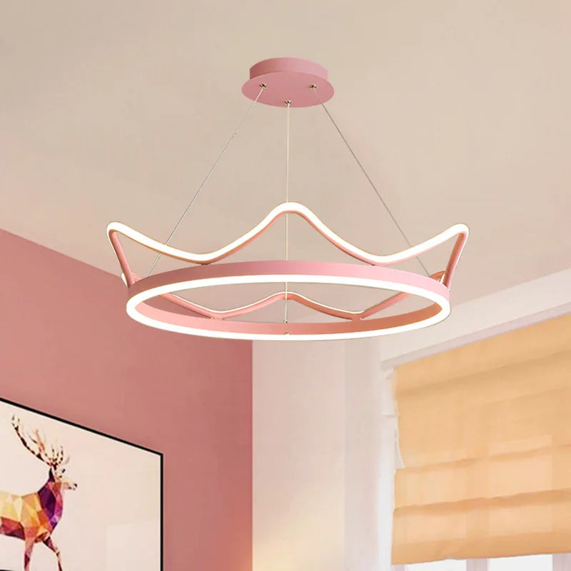 Nordique moderne LED or rose en acier inoxydable suspension bande couronne forme anneau lustre bébé enfants chambre plafonnier