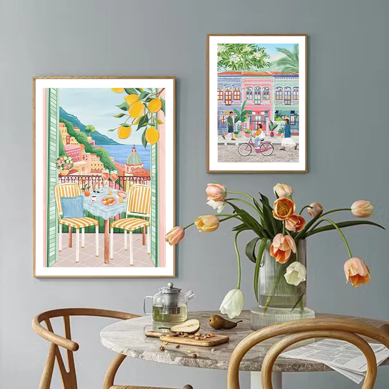 peinture artistique rétro de ville côtière avec navire