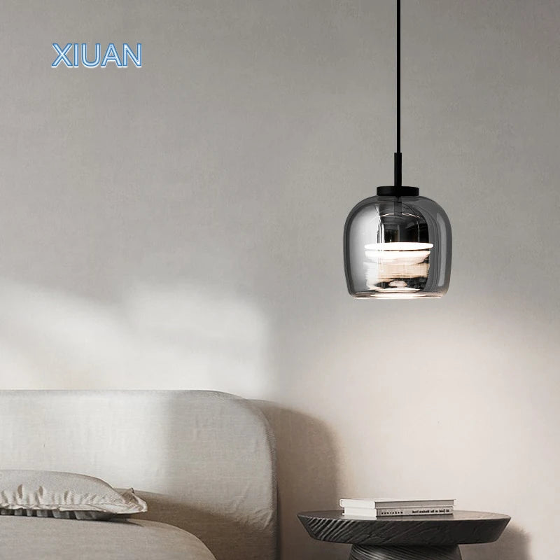 XIUAN Suspension en verre simple pour luminaires de chevet de chambre à coucher Éclairage de lustre en verre gris fumé dans le salon salle à manger