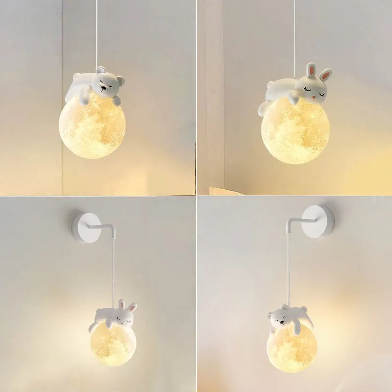 Suspension ours chevet enfant 3d lune lapin blanc veilleuse