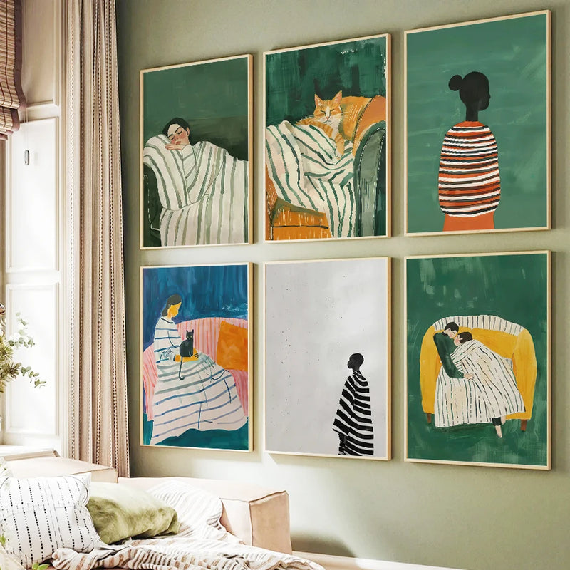 art mural abstrait femme chat décorations modernes pour intérieur