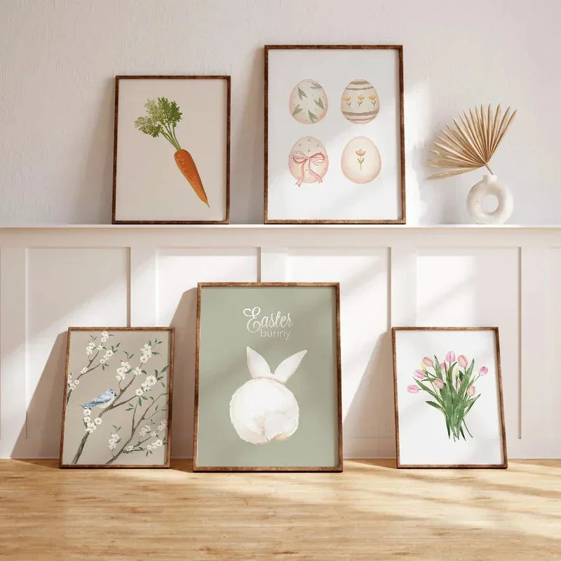 affiches de pâques avec lapin radis oeuf et fleurs printanières