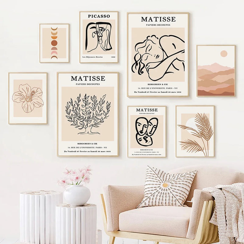 art mural boho abstrait feuilles lune fleurs pour décoration moderne