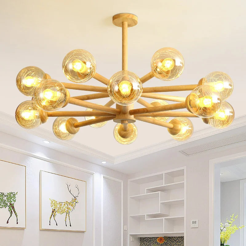 lustre moderne en bois avec abat-jour en verre pour décoration maison